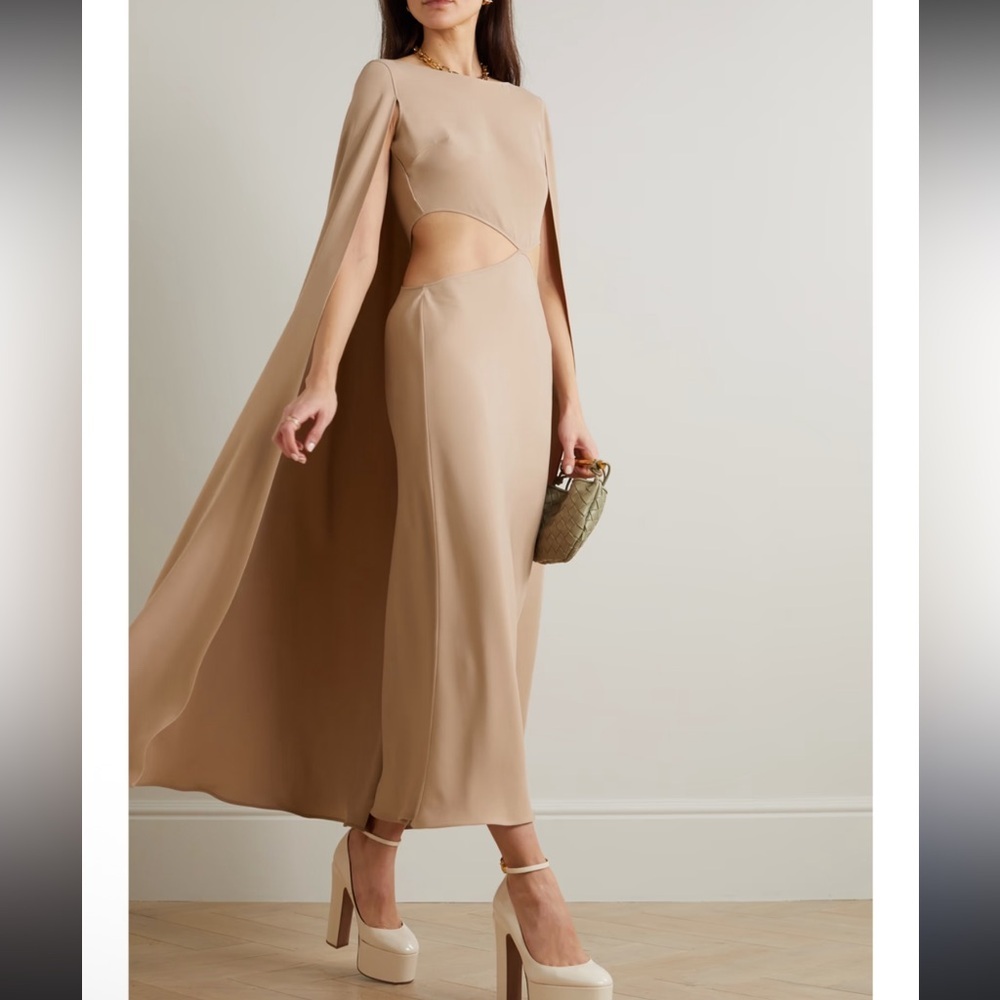 New | Valentino Silk Cape Gown - Cutout Midi Dress Beige Size 40/ US 6